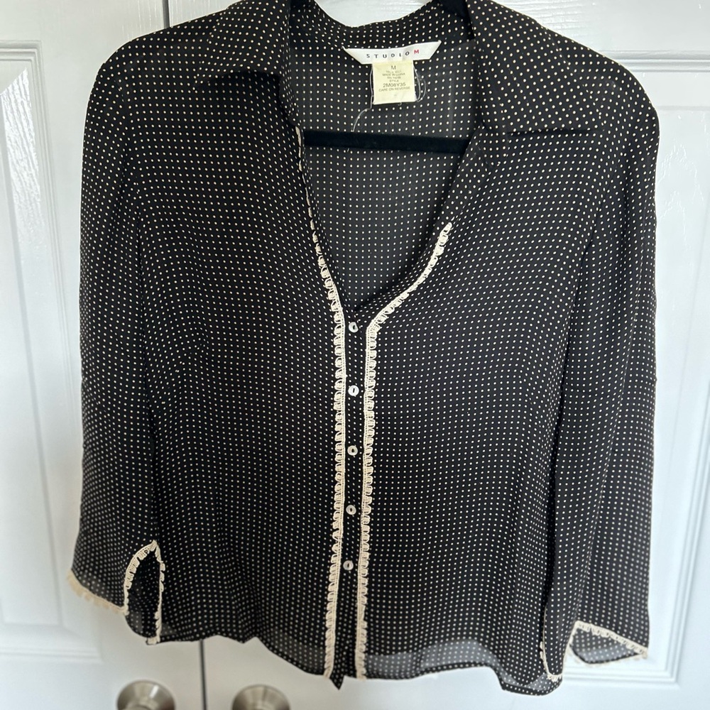 Talbots Black and White Button Down Shirt with Notched Collar